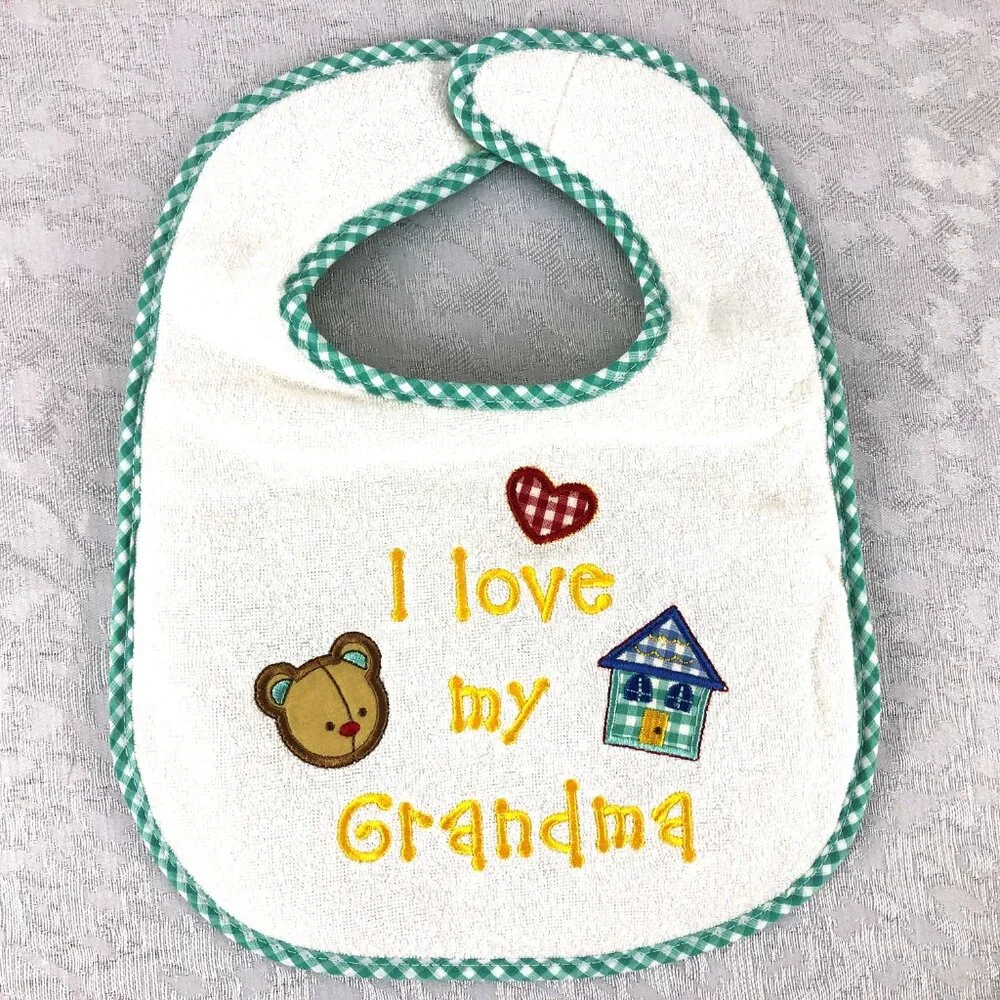 Hamco “I Love My Grandma” and “I Love My Grandpa” Unisex Applique Baby Bib Set